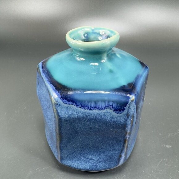 Kotobuki Peppercorn Hexagon Vase Set 2 Made in Japan W Tags Blue Green Glaze VTG - Picture 13 of 16